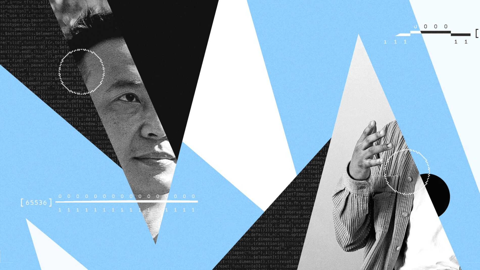 Abstract collage image combining black-and-white photography, geometric shapes, and lines of code on a blue background.