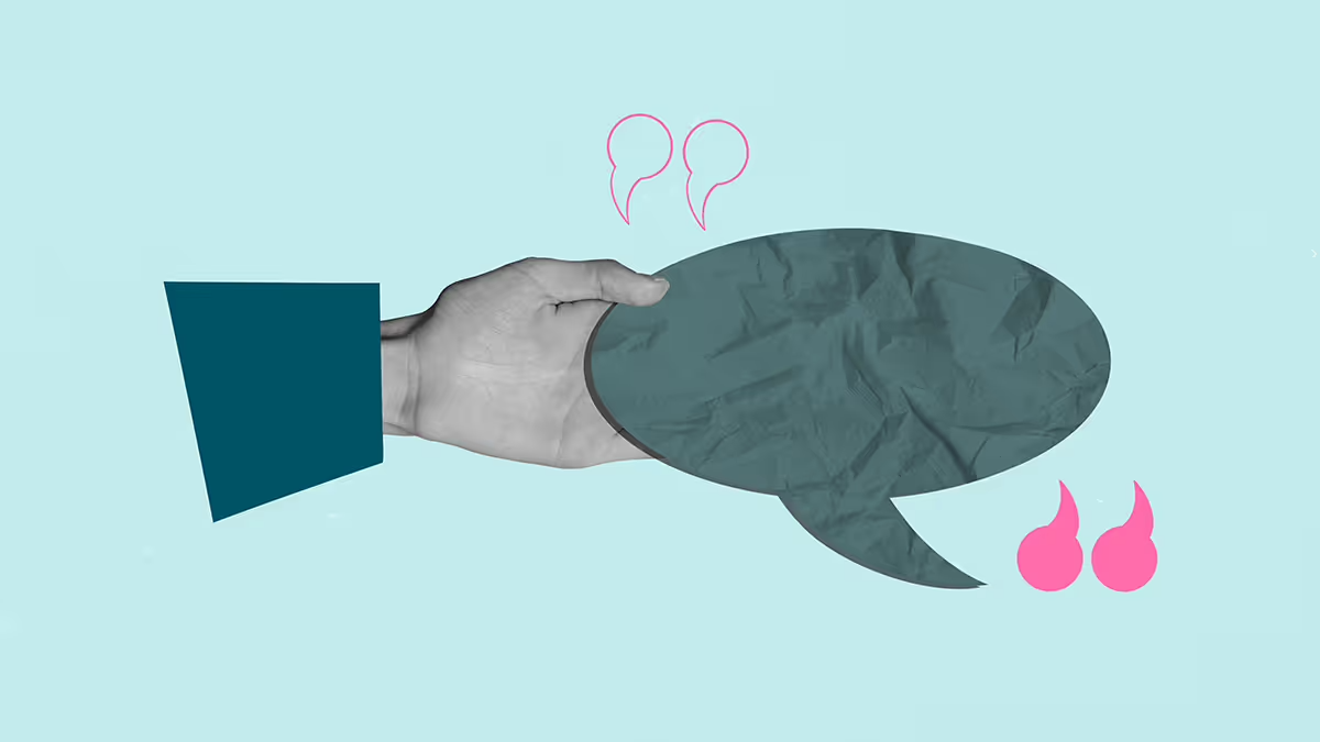 Abstract collage of a hand grabbing a blue word bubble surrounded by pink quote marks.