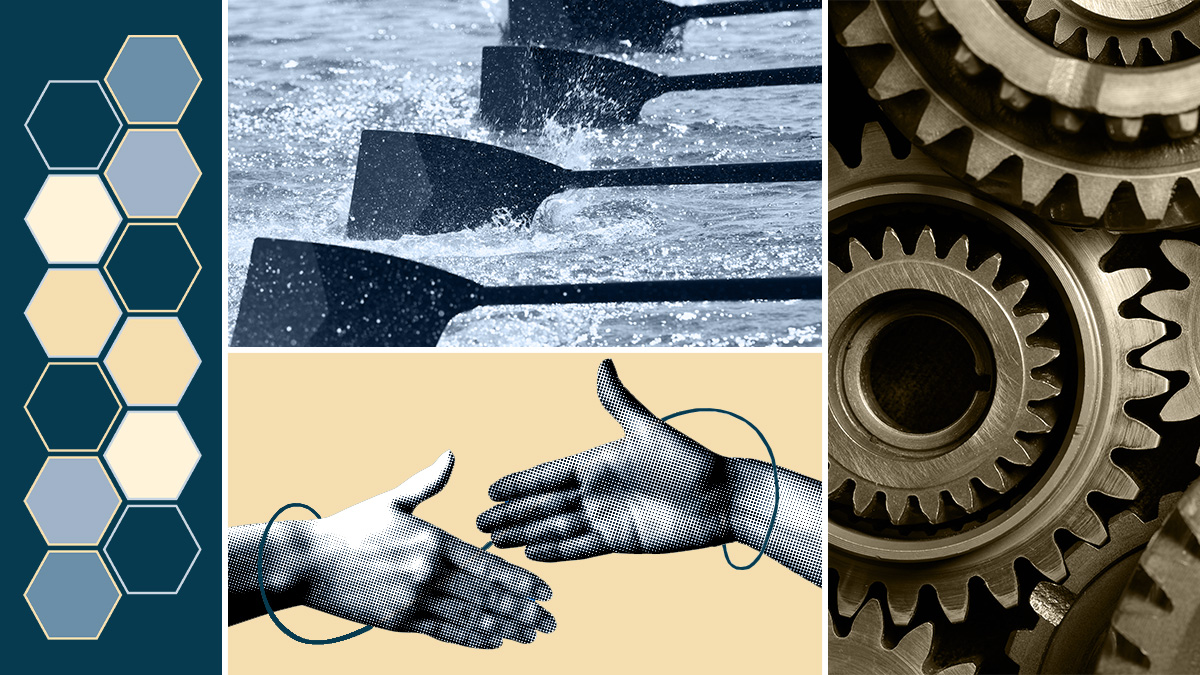 Collage featuring four sections: a vertical column of blue and beige hexagons on the left; rowing oars splashing through water at the top center; two halftone-patterned hands about to shake with circular lines around them in the bottom center; and interlocking gray and silver metal gears on the right.