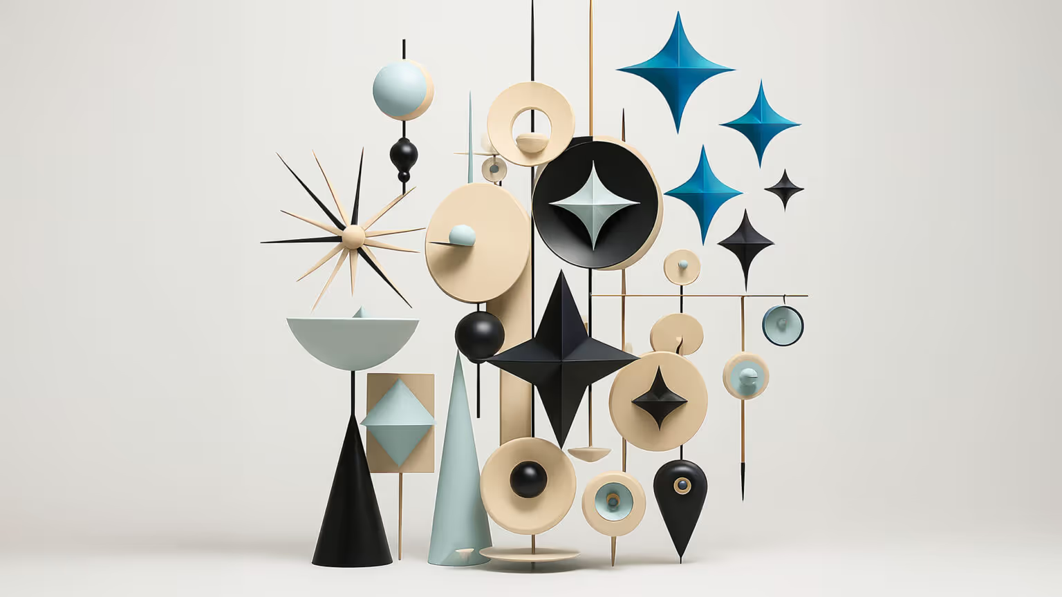 A modern abstract sculpture made of geometric shapes in neutral tones and blue, arranged in a symmetrical, minimalist design.