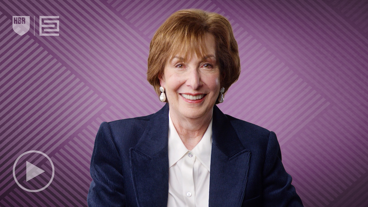 Harvard Business School professor Sandra J. Sucher, in a navy blazer and pearl earrings against a purple geometric background, featuring HBR Executive branding and a play button icon.