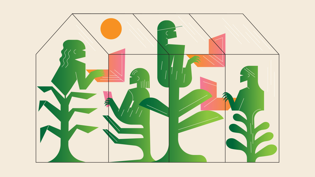 Illustration of stylized people and trees inside a transparent greenhouse structure, with geometric shapes and an orange sun overhead.