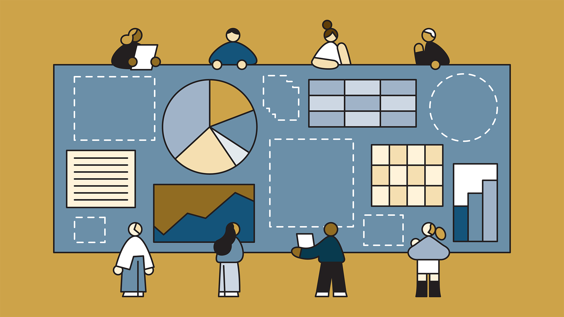 Illustration of eight people engaging with a large blue board displaying various data visualizations, including a pie chart, bar graph, line graph, and grid layout, set against a mustard yellow background.