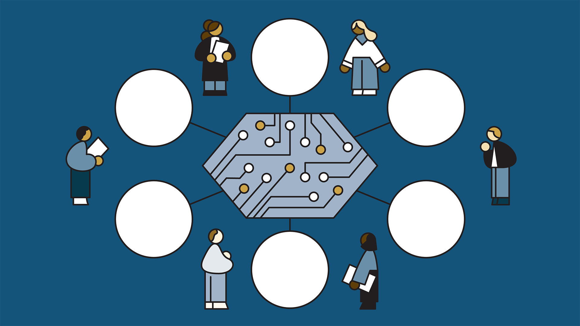 An illustration of people connected to a central, circuit‑style graphic, suggesting collaboration around technology or AI.