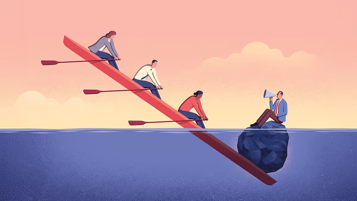 Illustration of 3 people rowing a long boat while the person at the front is talking on a loud speaker and sitting on a rock that is sinking the front end.