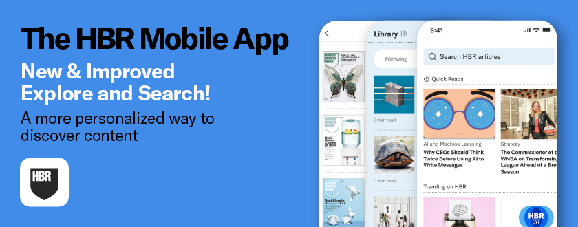 HBR mobile app promotion highlighting new explore and search features.