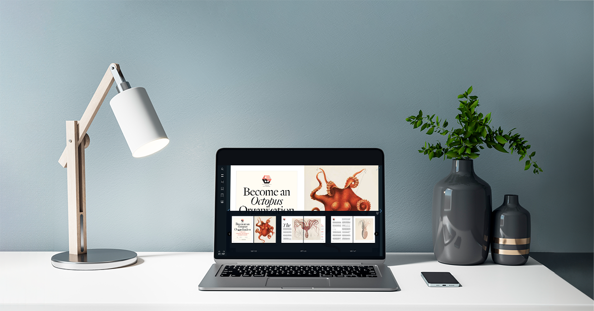 Laptop on a clean desk displaying an octopus illustration, with desk lamp and plant nearby.