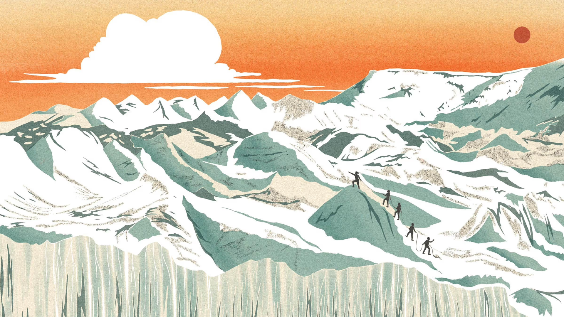 Illustration of a snow-covered mountain range at sunset, with five climbers roped together crossing a glacier ridge beneath an orange sky.