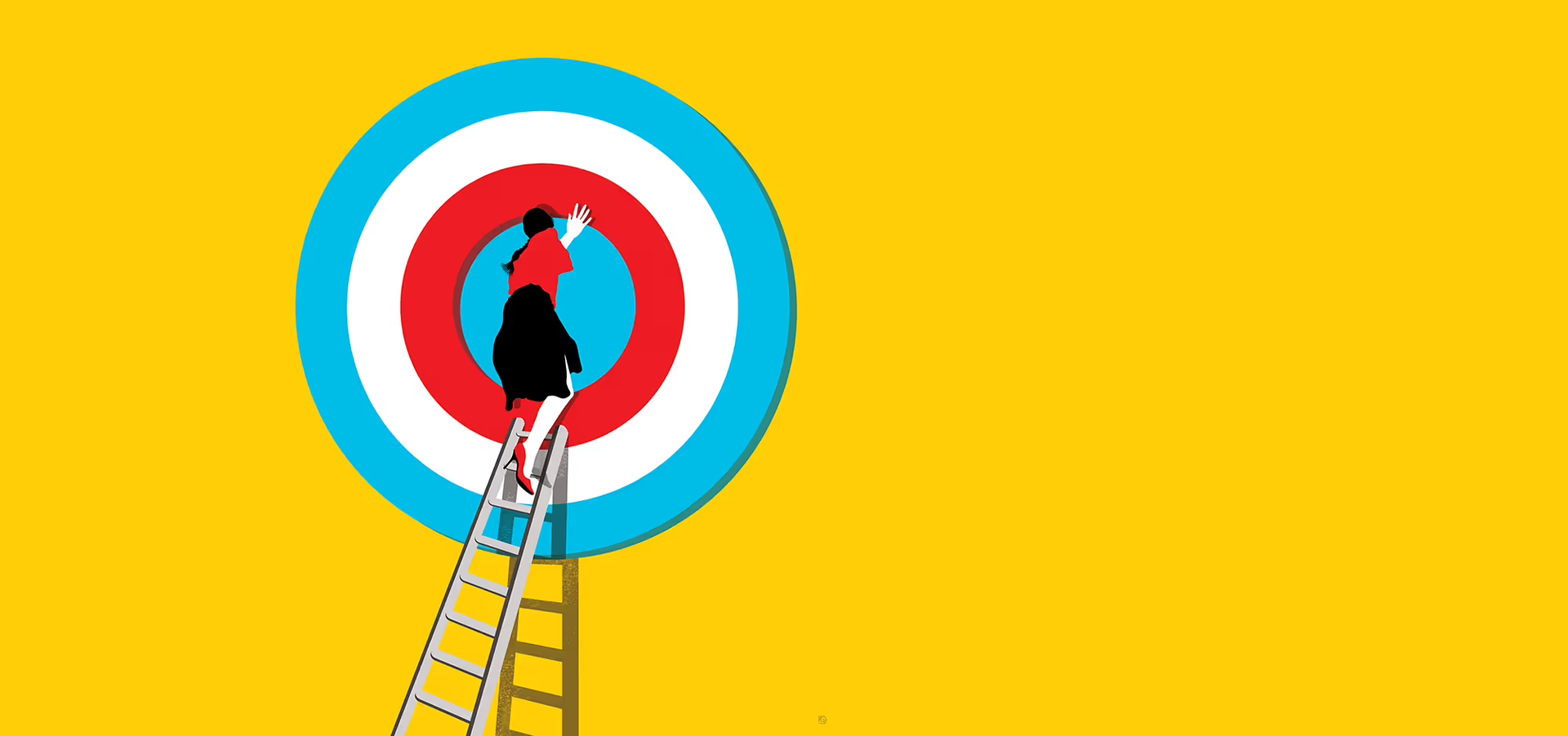 llustration of a person climbing a ladder toward a bullseye target against a yellow background.