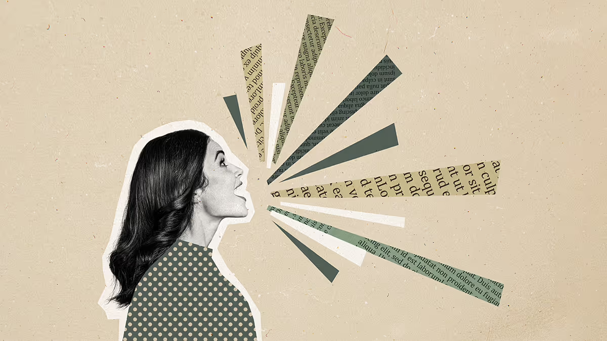 Black-and-white cutout profile of a person facing right with mouth open, with layered geometric shapes and strips of printed text radiating outward like speech on a beige textured background.