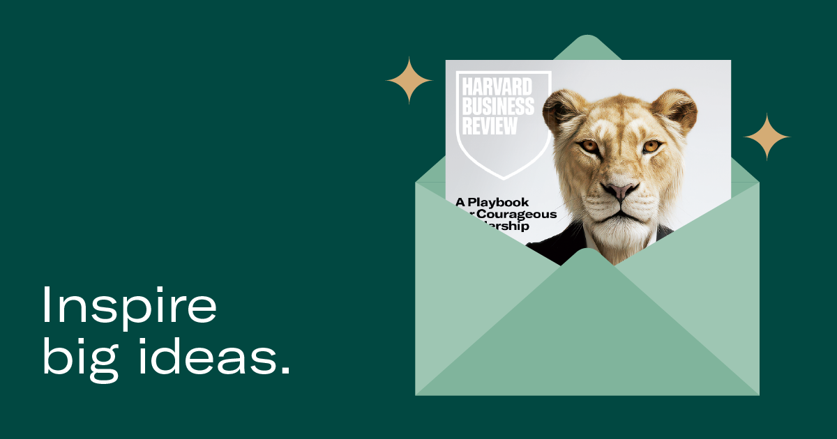 HBR's magazine cover featuring a lion's face peeking from a green envelope on a dark green background. Text reads 