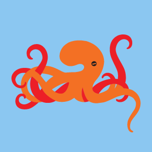 Illustrated orange octopus with curling arms on a light blue background.