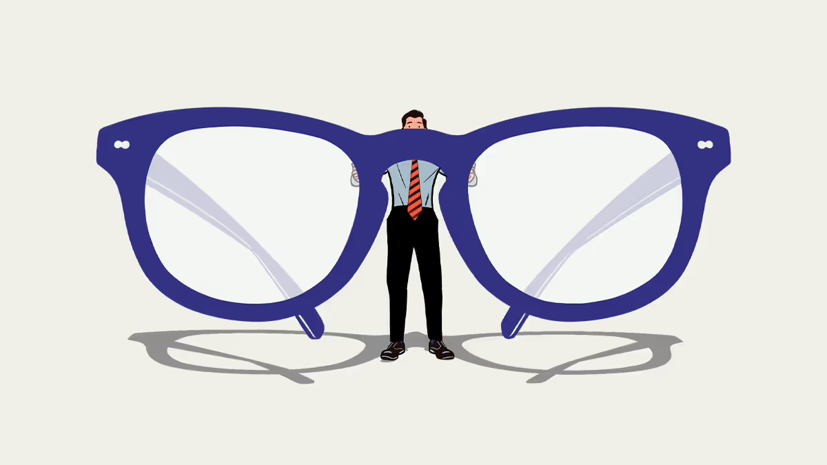 Illustration of a person holding giant blue glasses.