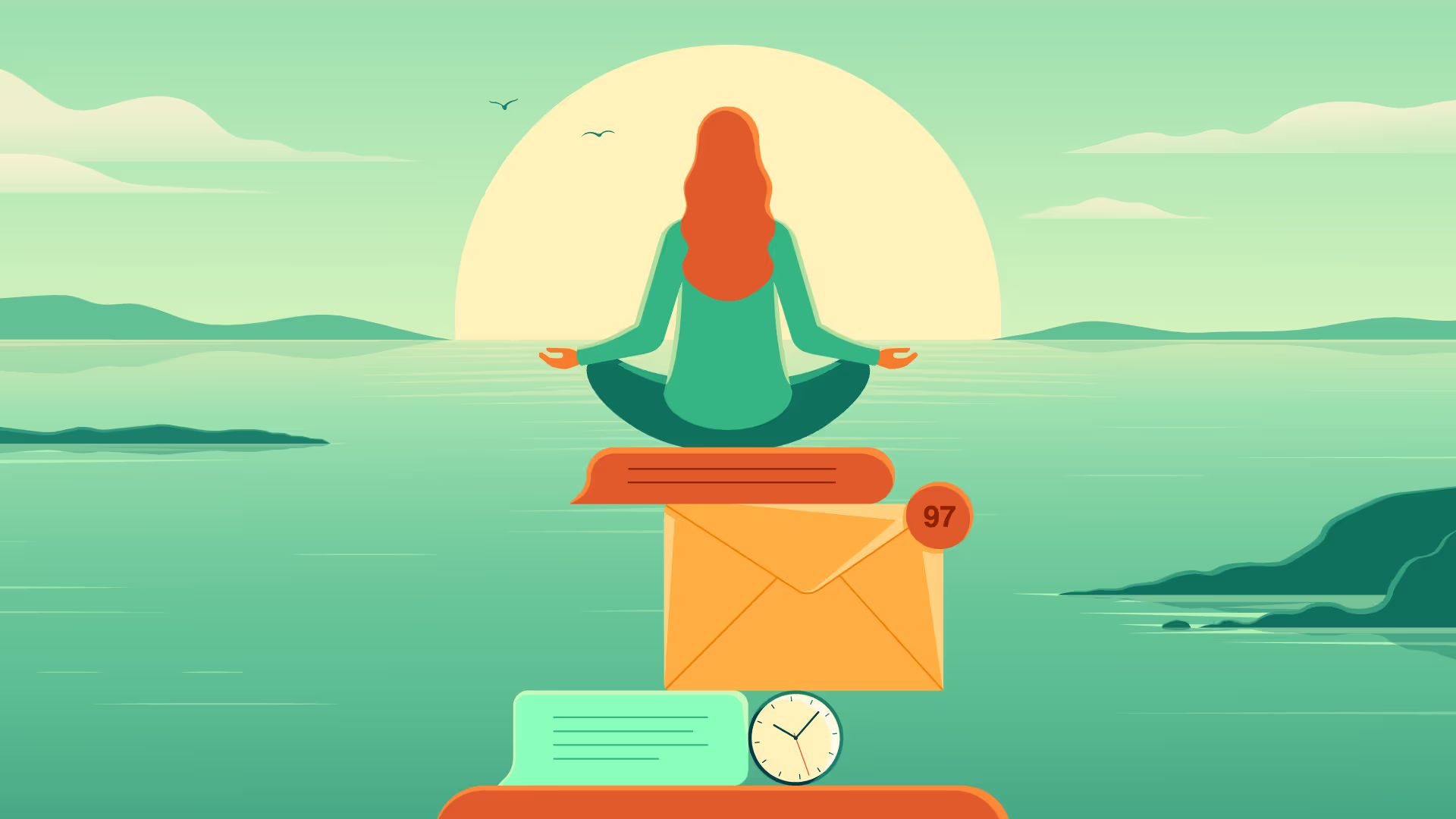 A cartoon of a person meditating with a body of water and sun in the background.