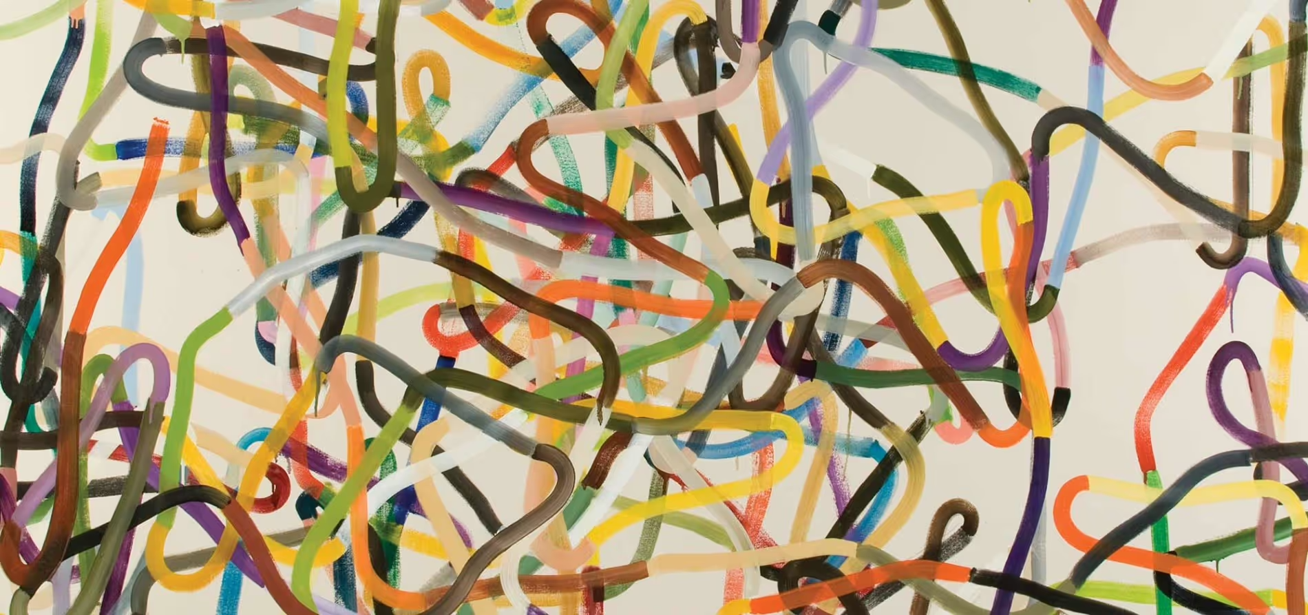 Abstract image of overlapping, multicolored looping lines and brushstrokes on a light background.