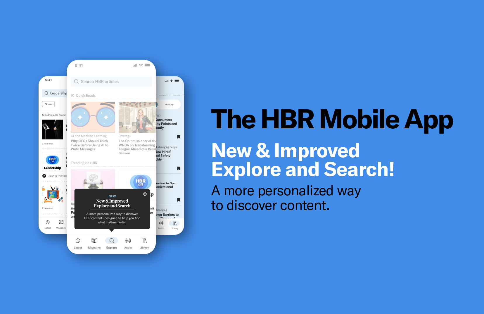 Promo for the HBR Mobile App showing 3 stacked phone screens with articles. Text reads: 'The HBR Mobile App. New & Improved. Explore and Search! A more personalized way to discover content.' Background is blue.