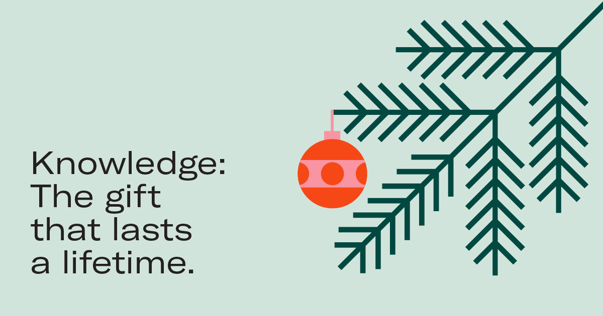 Illustration of a Christmas tree branch with a red ornament. The text reads, 