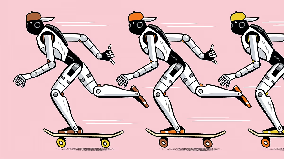 Illustrated robots skateboarding in a row on a pink background.