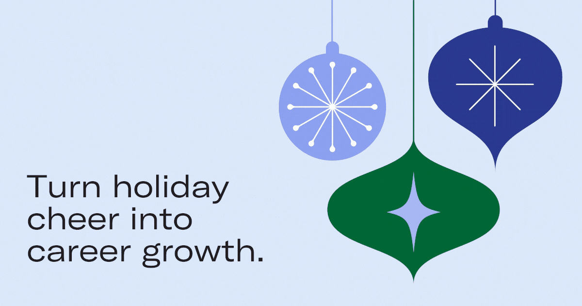 Three stylized holiday ornaments in blue and green hang on the right. On the left, text reads: 