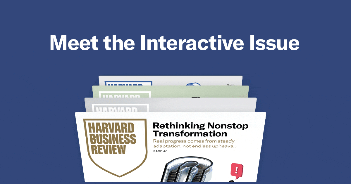 A stack of Harvard Business Review magazines is shown with the text 