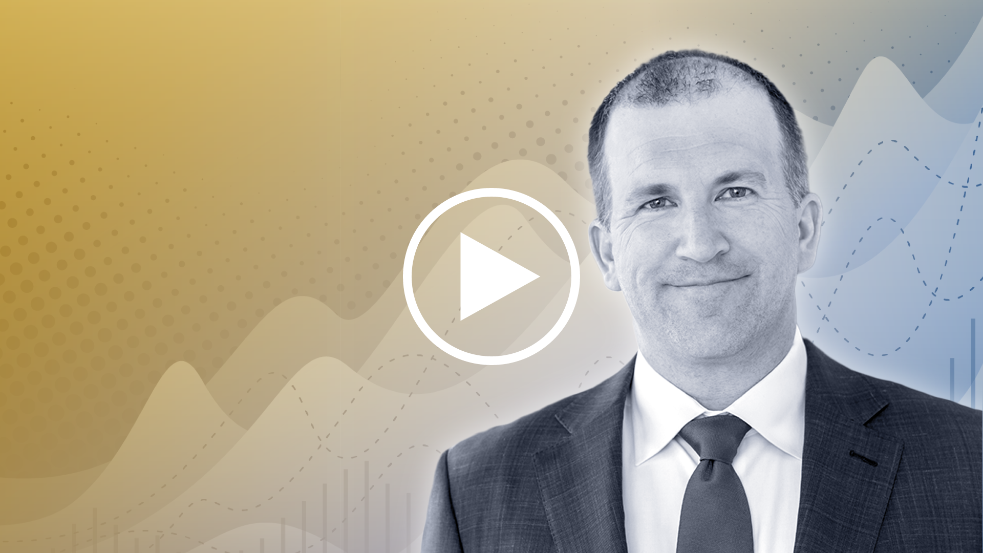 Michael Fiddelke in front of a gold and blue background and a play button in the foreground.