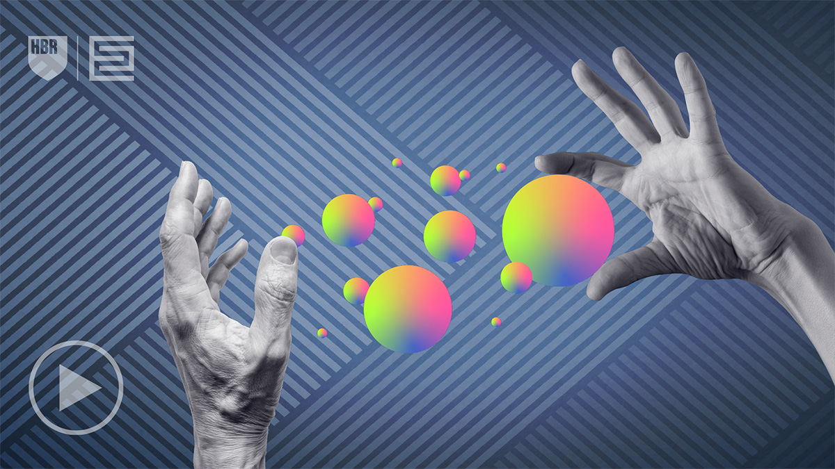 Abstract illustration showing grayscale hands interacting with floating, rainbow‑colored spheres on a blue geometric background.