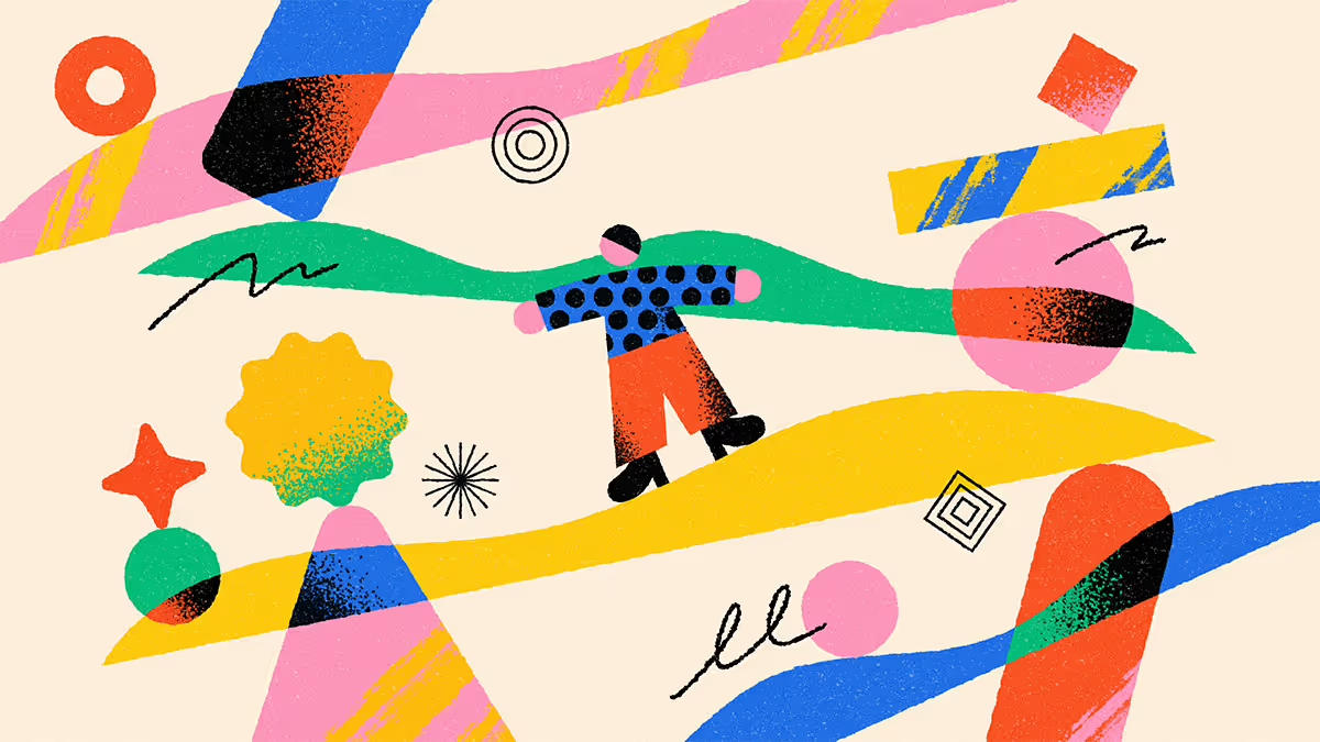 Abstract illustration of a person in a blue polka-dot shirt and red pants standing on a green wavy line, surrounded by colorful geometric shapes like circles, triangles, and squiggles in pink, yellow, blue, and orange, with textured patterns and black line drawings in the background.