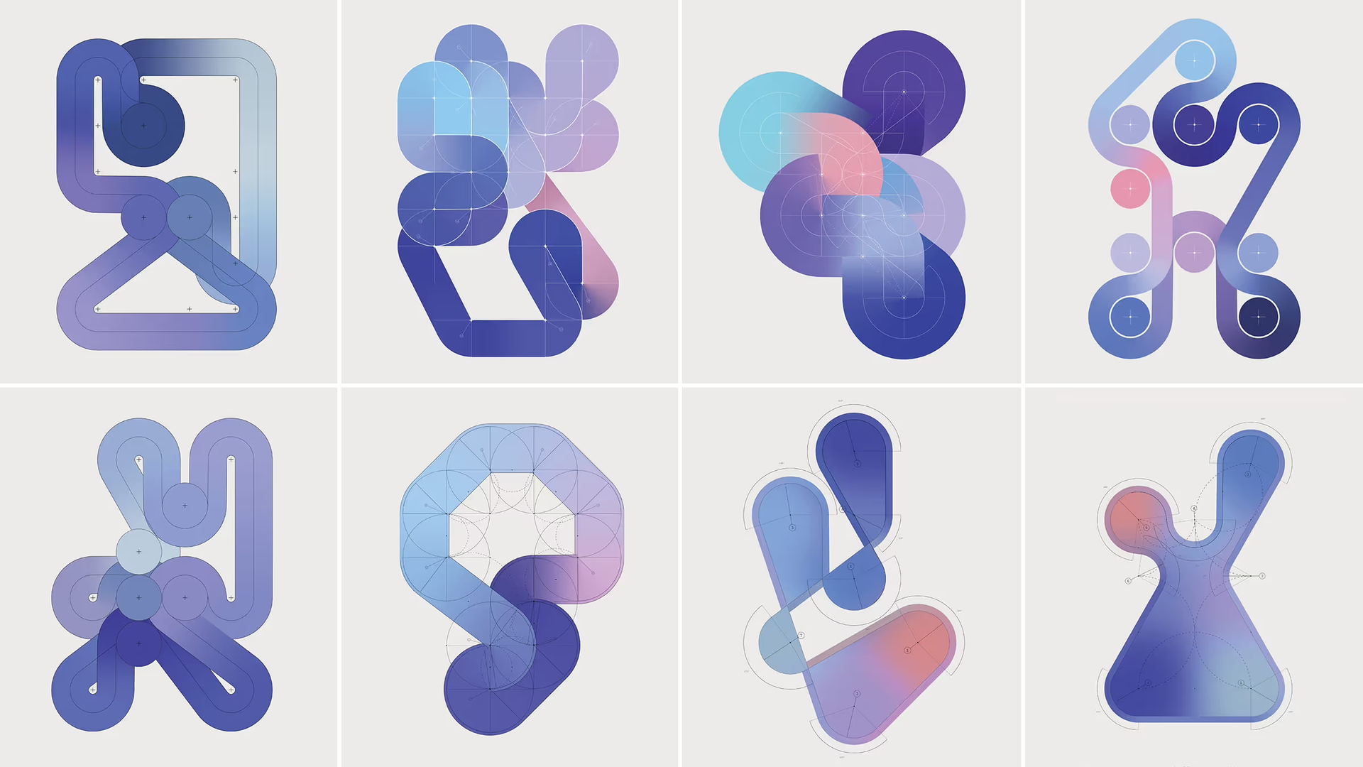Grid of eight abstract geometric designs in blue, purple, and pink gradients on a light gray background.