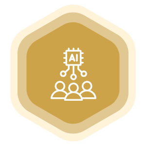 A cartoon image of a hexagon with three people and AI.