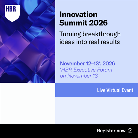 Promotional graphic for the HBR Innovation Summit 2026, a live virtual event focused on turning breakthrough ideas into real results, taking place November 12–13, 2026.