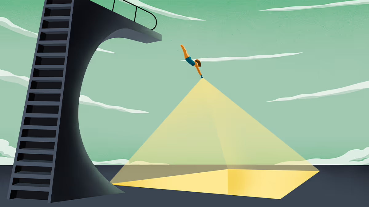 Illustration of a diver leaping from a high diving platform toward a brightly illuminated square target below.