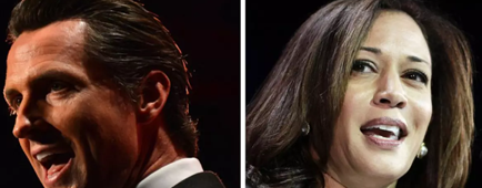 Headshots of Gavin Newsom and Kamala Harris.