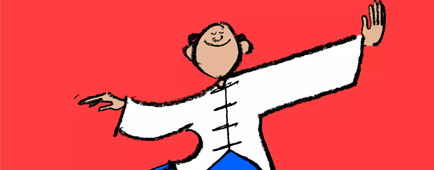cartoon illustration of a figure doing a Tai Chi pose with four legs