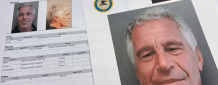 Documents including a photo of Jeffrey Epstein.