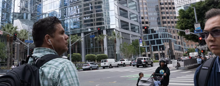 Pedestrians at Figueroa and 7th streets in downtown Los Angeles.