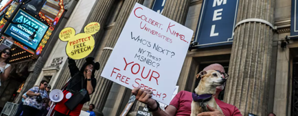 Protesters in front of the El Capitan Theatre 
