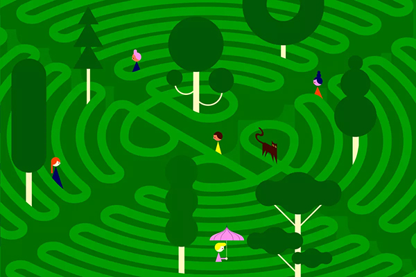 Figures wander through a labyrinth of hedges and trees. Figures wander through a labyrinth of hedges and trees.