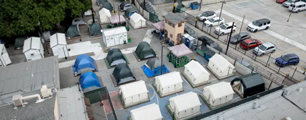 A drone view of Urban Alchemy Safe Sleep Village on Thursday, Nov. 13, 2025 in Los Angeles, CA. A drone view of Urban Alchemy Safe Sleep Village on Thursday, Nov. 13, 2025 in Los Angeles, CA.