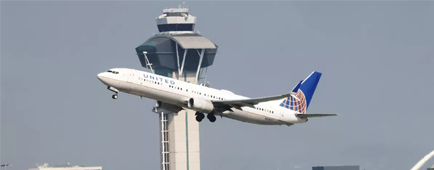A United Airlines flight takes off.