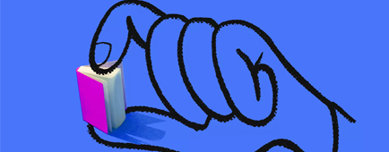 comic illustration of a hand holding a tiny book between its thumb and index finger