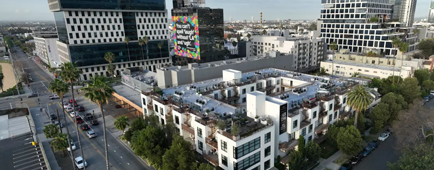 An aerial view of an apartment building.