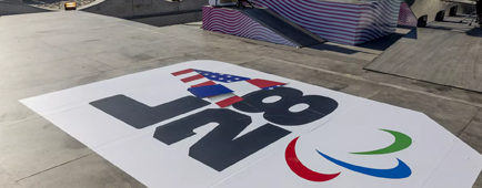 The LA28 logo is seen at Venice Beach as part of the Celebration of Music and Movement in Los Angeles.