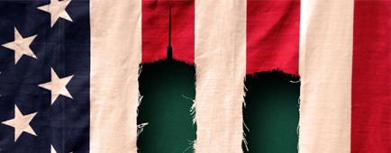 Illustration of the world trade center towers torn out from the stripes of the U.S. flag.