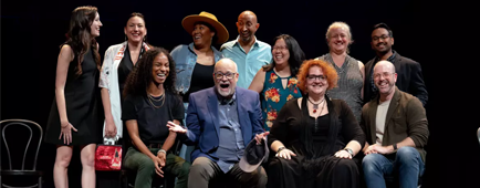 The steering committee for Theatre Commons LA sits onstage at Pasadena Playhouse during the non-profit's launch event. 