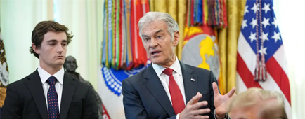 Dr. Mehmet Oz speaks in the Oval Office as President Trump and Nick Shirley listen
