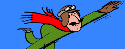 cartoon illustration of an old-timey pilot with a mustache balancing on one leg with arms out in an airplane pose
