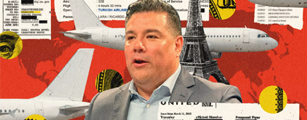 collage illustration of ricardo lara surrounded by expense receipts and airplanes