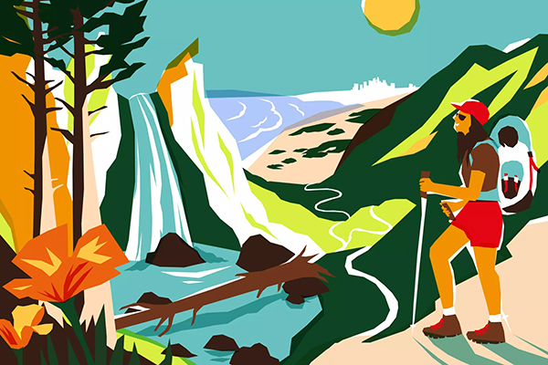 An illustration of a hiker enjoying the mountainous view. An illustration of a hiker enjoying the mountainous view.