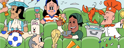 Illustrated soccer fans enjoying dishes