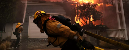 Firefighters battle a house fire off Bollinger Drive in Pacific Palisades. Firefighters battle a house fire off Bollinger Drive in Pacific Palisades.